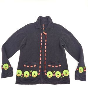 Investments Sweater Cardigan Womens Medium Black Ugly Christmas Wreath Zip Up